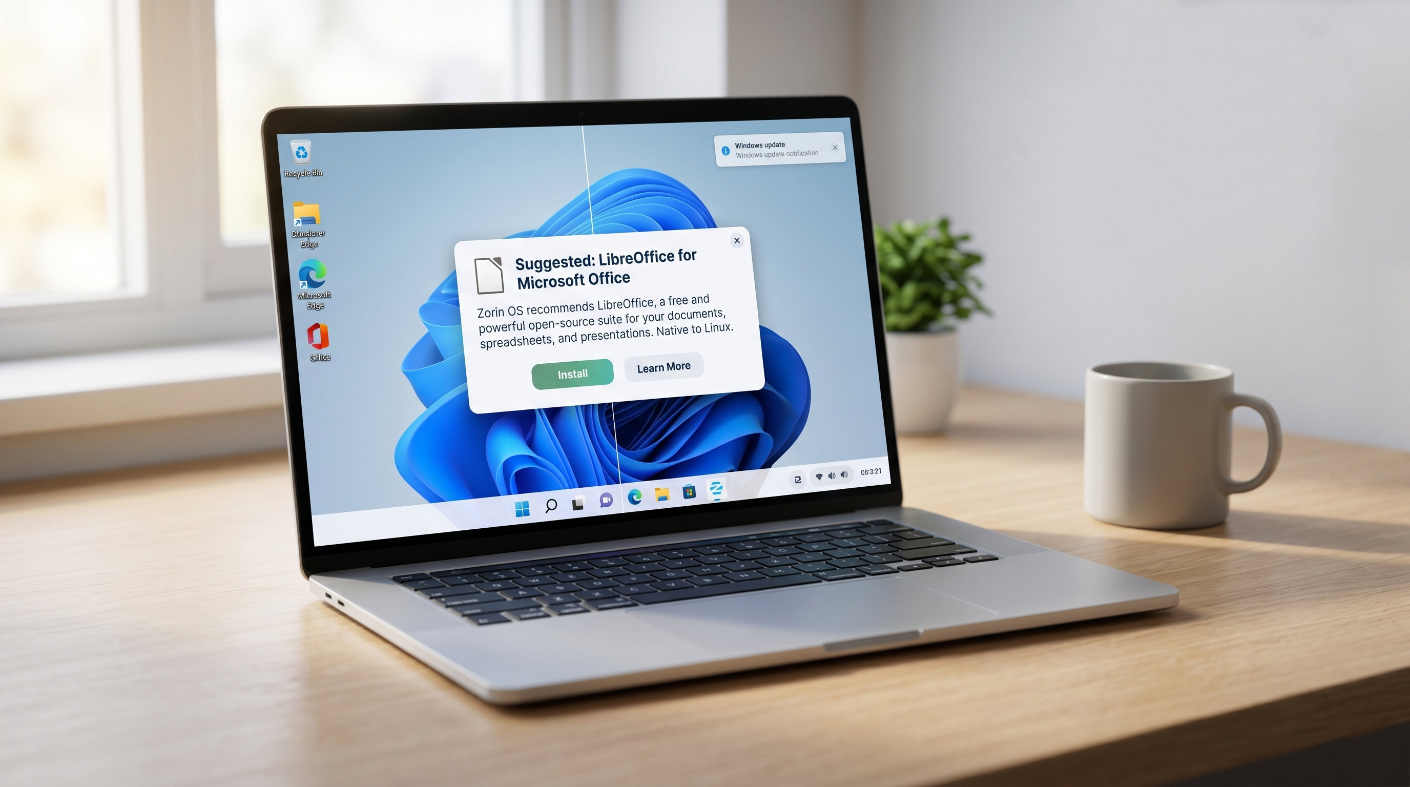 Laptop on a desk showing a split-screen: Windows desktop on the left and Zorin OS with an app suggestion dialog on the right.