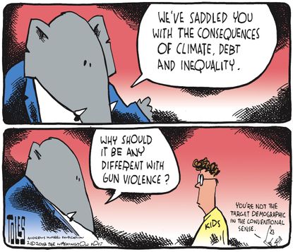 Political cartoon U.S. GOP debt climate change gun violence millennials
