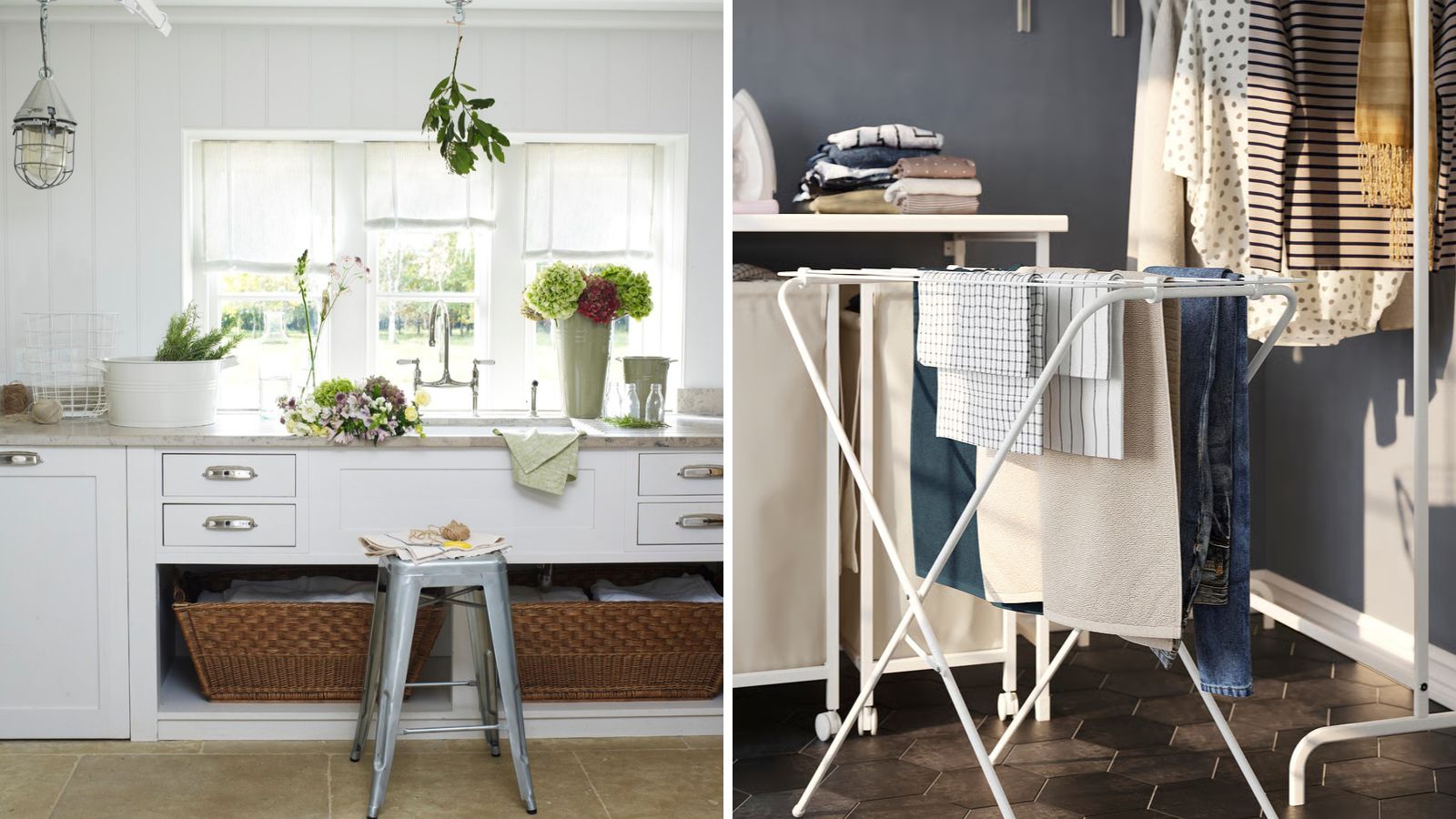 Laundry room split header image with one white laundry room filled with flowers, and a dark grey laundry room with a white IKEA laundry rack 