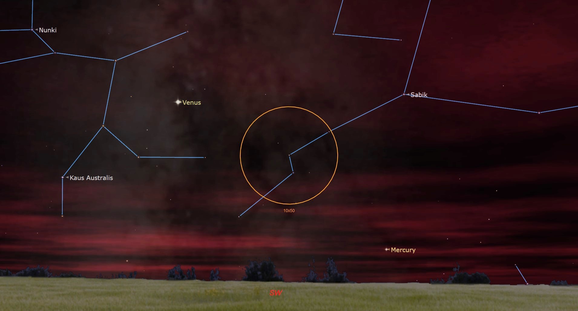 A pink, hazy sky looms over a low, grassy horizon, with thin blue lines tracing faint dots to mark the constellations. A pale orange circle hangs in the center, intersecting the constellations.