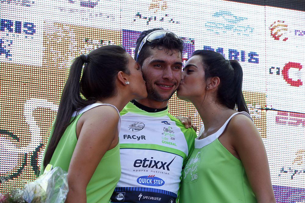 Fernando Gaviria on the stage 2 podium at Tour de San Luis.