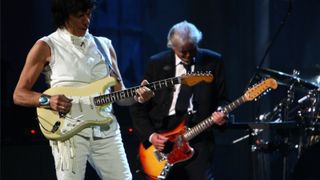 Jeff Beck (left) and Jimmy Page perform at the 24th Annual Rock and Roll Hall of Fame Induction Ceremony at Public Hall on April 4, 2009 