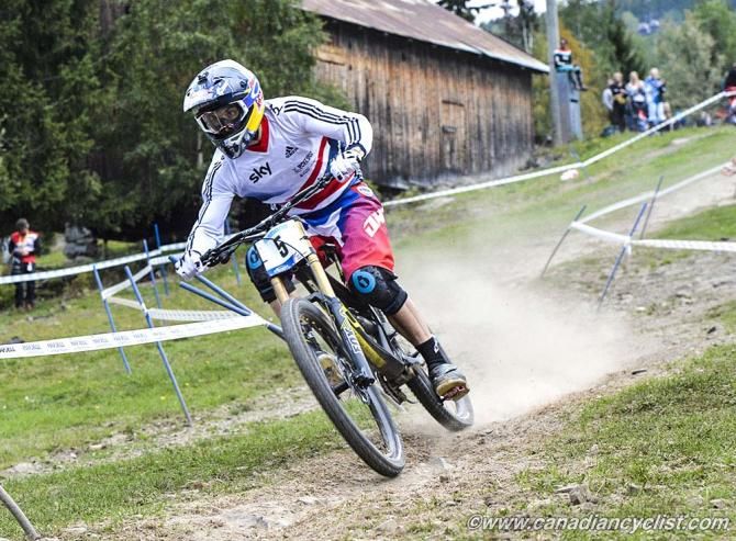 Gee Atherton (Great Britain) on his way to winning the 2014 downhill world championships