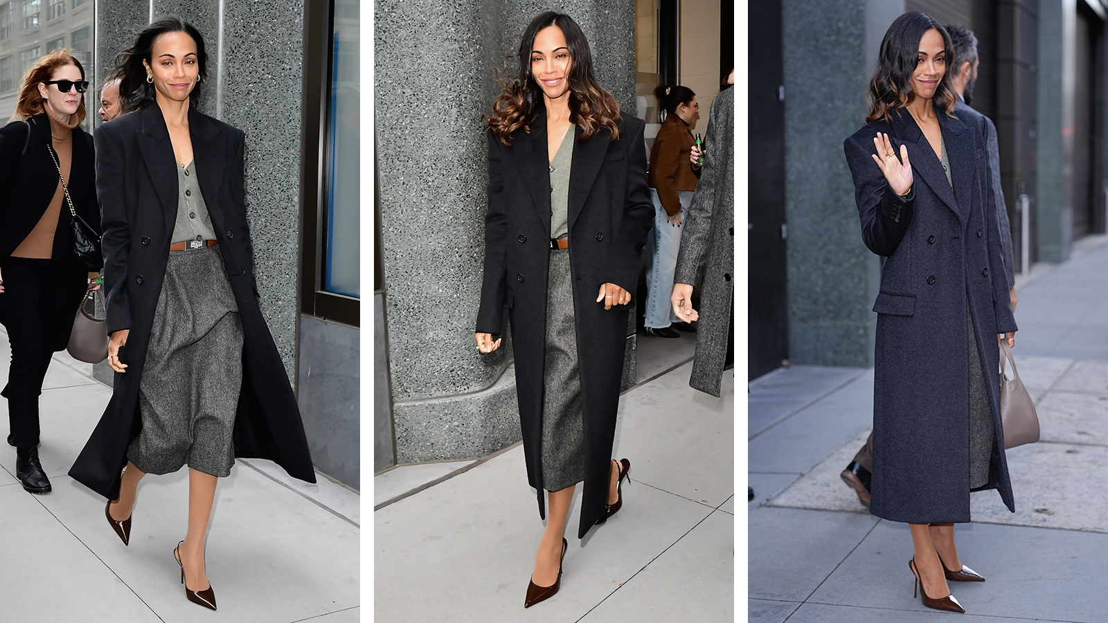 Zoe Salda&amp;ntilde;a wearing a navy coat, grey skirt and green cardigan