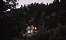 Timber chalet perched on a slope in the midst of trees 