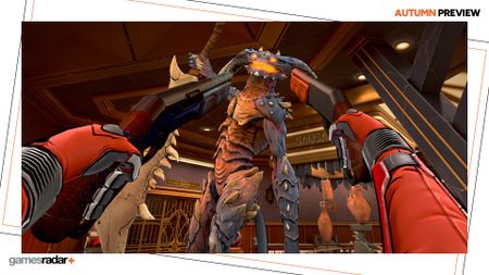 Deadpool aims two shotguns at an alien creature's head in Deadpool VR, with the GamesRadar+ Autumn Preview frame