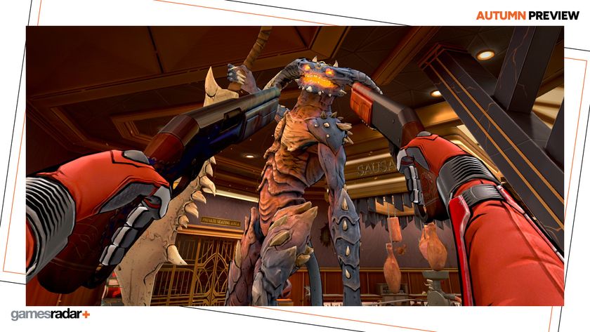 Deadpool aims two shotguns at an alien creature&#039;s head in Deadpool VR, with the GamesRadar+ Autumn Preview frame