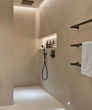 Luxury wet room with a seamless finish on the walls and floor