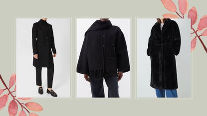 composite of models wearing three of the best black coats from Hobbs / Matches / John Lewis