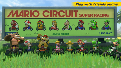 Mario kart world screenshot showing DK, Toad, Bowser, Peach, Koopa, Mario, Yoshi, and Luigi lining up in front of a billboard
