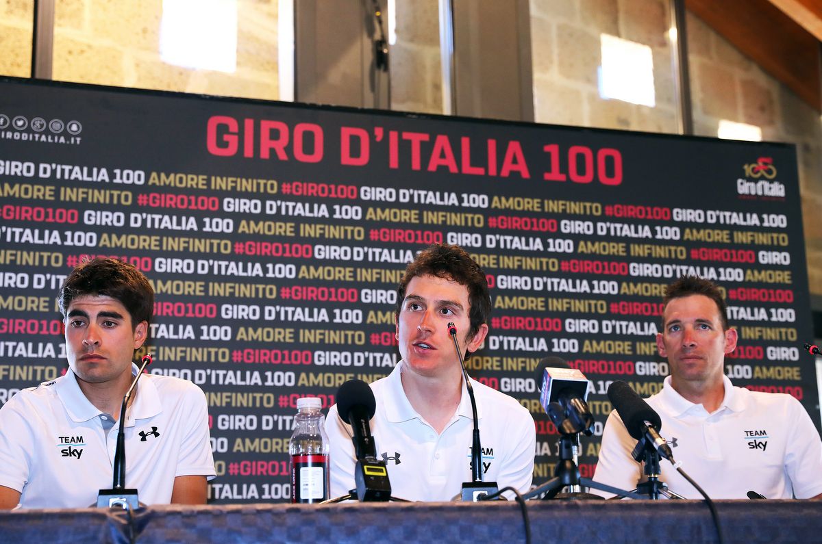 Mikel Landa, Geraint Thomas and lead directeur sportif Dario Cioni at the press conference