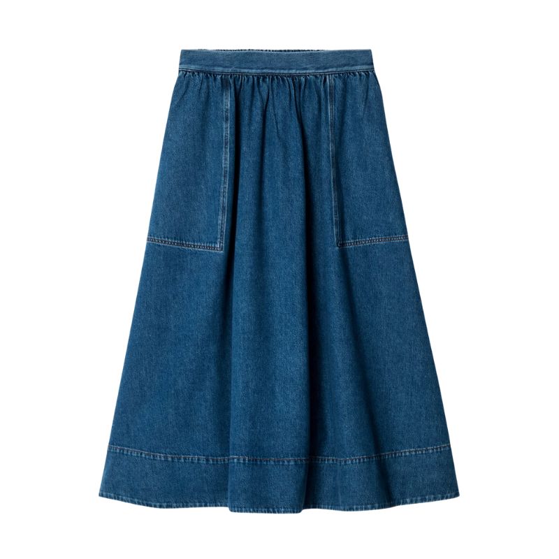 A cutout of a full denim maxi skirt by COS