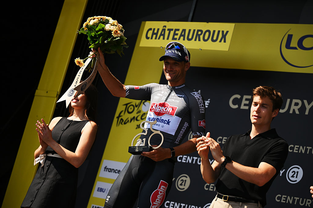 CHATEAUROUX, FRANCE - JULY 13: Jonas Rickaert of Belgium and Team Alpecin - Deceuninck celebrates at podium as most combative rider prize winner during the 112th Tour de France 2025, Stage 9 a 174.1km stage from Chinon to Chateauroux ) / #UCIWT / on July 13, 2025 in Chateauroux, France.