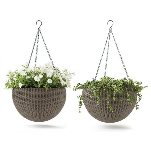 Keter Resin Rattan Set of 2 Round Hanging Planter Baskets for Indoor and Outdoor Plants-Perfect for Porches and Patio Decor, Cappuccino