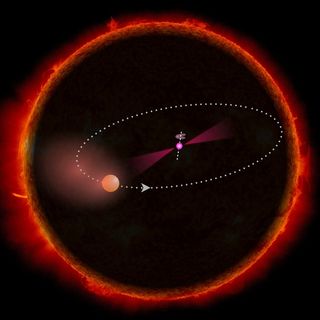 The unusual PSR J1311-3430 pulsar system (magenta) is so compact that it would fit completely inside our sun. This schematic representation shows the sun, the companion's orbit, and the companion at its maximum possible size true to scale; the pulsar has been greatly enlarged in contrast.