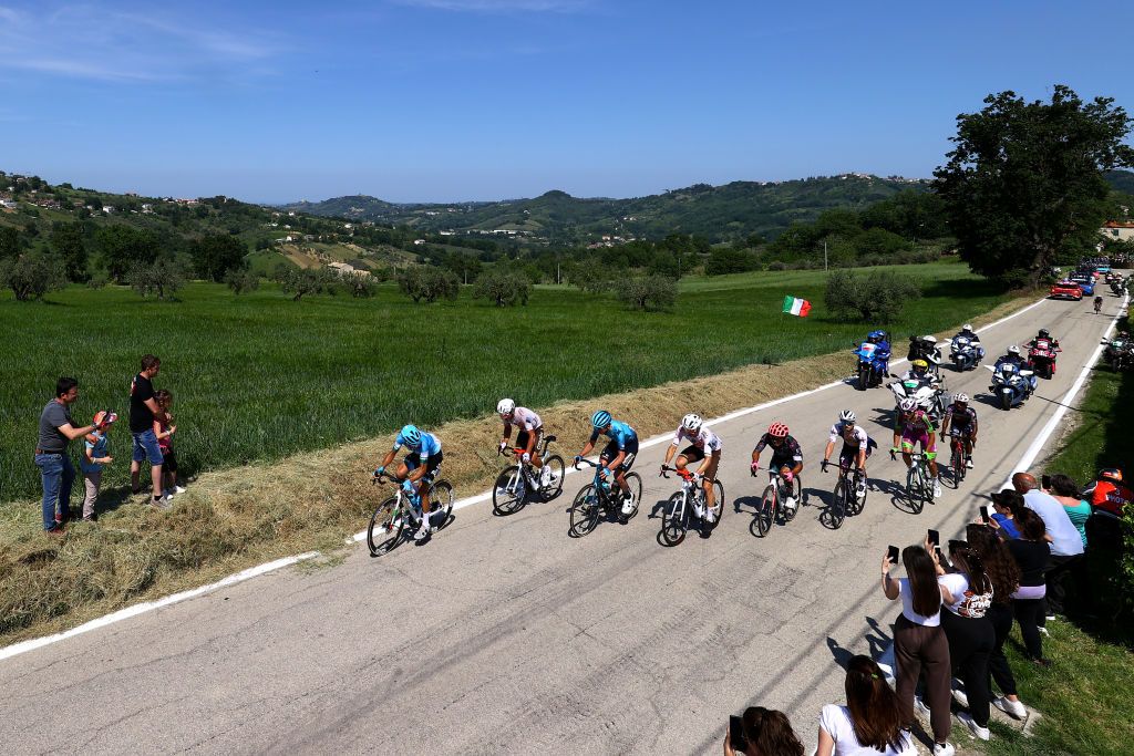 BLOCKHAUS ITALY MAY 15 A general view of Felix Gall of Austria Nans Peters of France and AG2R Citroen Team Joseph Lloyd Dombrowski of United States and Team Astana Qazaqstan Filippo Zana of Italy and Team Bardiani CSF Faizane Natnael Tesfatsion Ocbit of Eritrea and Team Drone Hopper Androni Giocattoli Sidermec Eduardo Sepulveda of Argentina and Team Drone Hopper Androni Giocattoli Sidermec Jonathan Klever Caicedo Cepeda of Ecuador and Team EF Education Easypost Diego Rosa of Italy and EoloKometa Cycling Team and James Knox of United Kingdom and Team QuickStep Alpha Vinyl compete in the breakaway passing through Pretoro 524m landscape during the 105th Giro dItalia 2022 Stage 9 a 191km stage from Isernia to Blockhaus 1664m Giro WorldTour on May 15 2022 in Blockhaus Italy Photo by Michael SteeleGetty Images