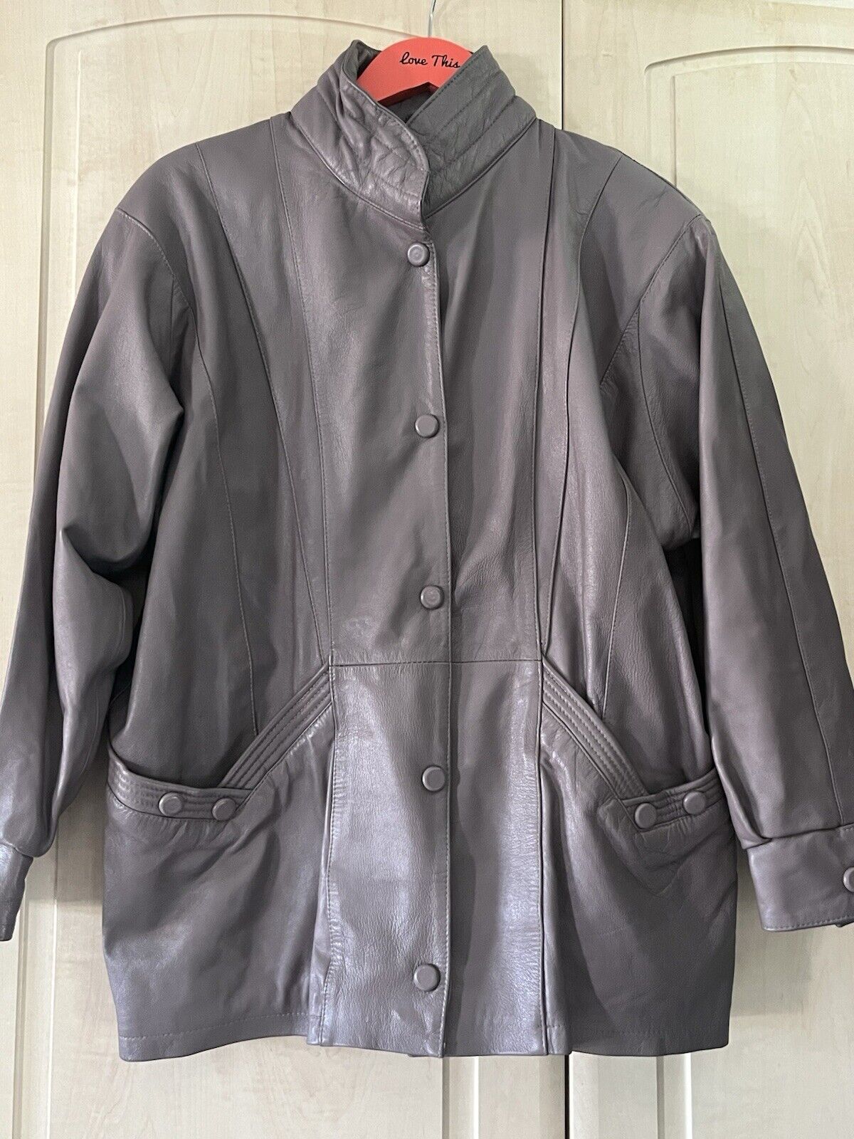 Vintage Quality 80s Taupe Beige Buttersoft Leather Mid-Length Jacket Uk 12.