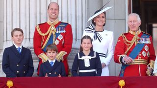 Prince George of Wales, Prince William, Prince of Wales, Prince Louis of Wales, Catherine, Princess of Wales, Princess Charlotte of Wales and King Charles III on the balcony during Trooping the Colour at Buckingham Palace on June 15, 2024