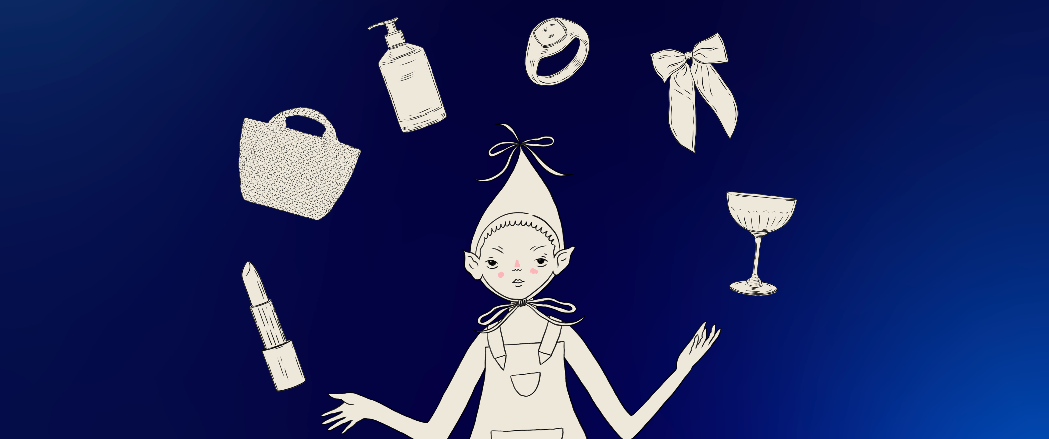 Illustration of a Christmas elf juggling gifts for Liberty London Black Friday sale