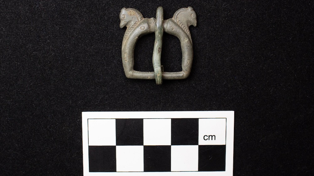 A metal belt buckle shaped like a horse head