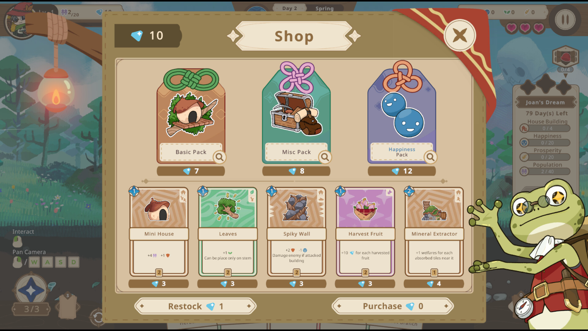 The shop screen, presided over by a frog merchant, in Little Tree Kingdom.