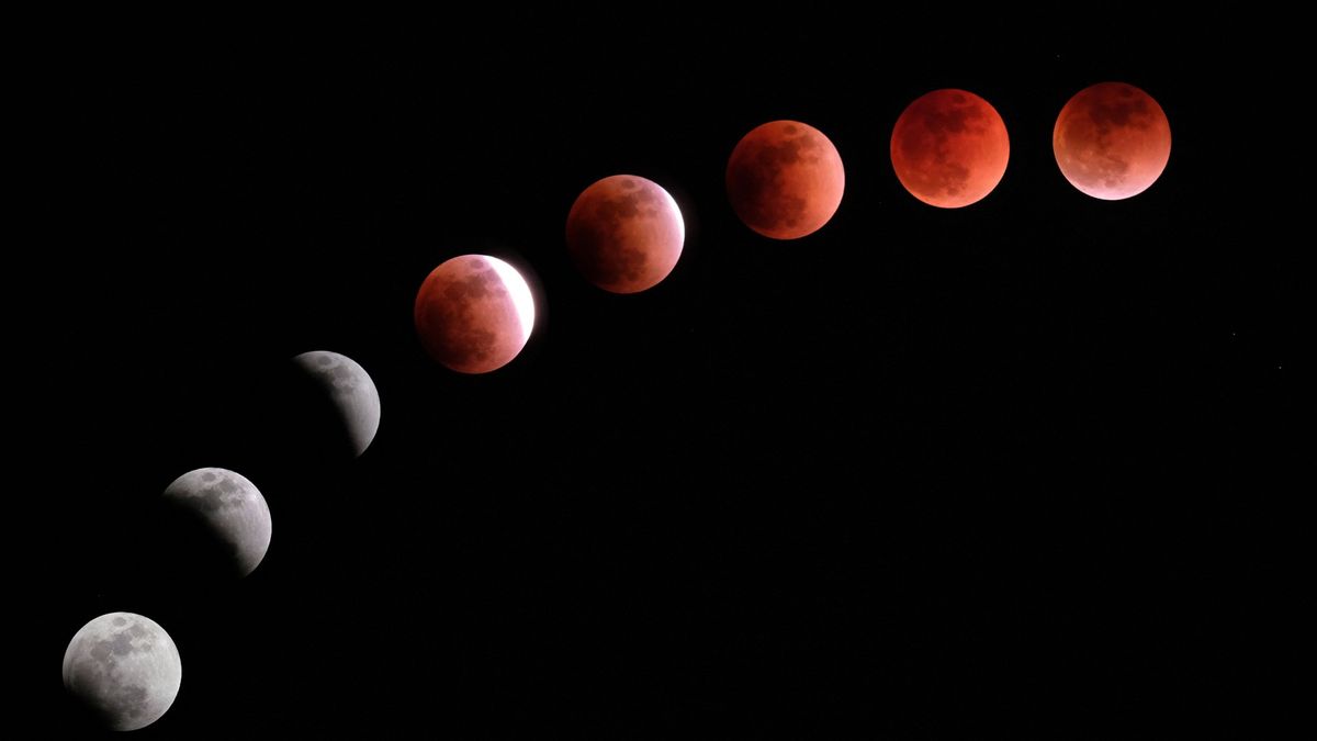 a composite image showing eight different views of the moon becoming darker and more shadowed during a total lunar eclipse