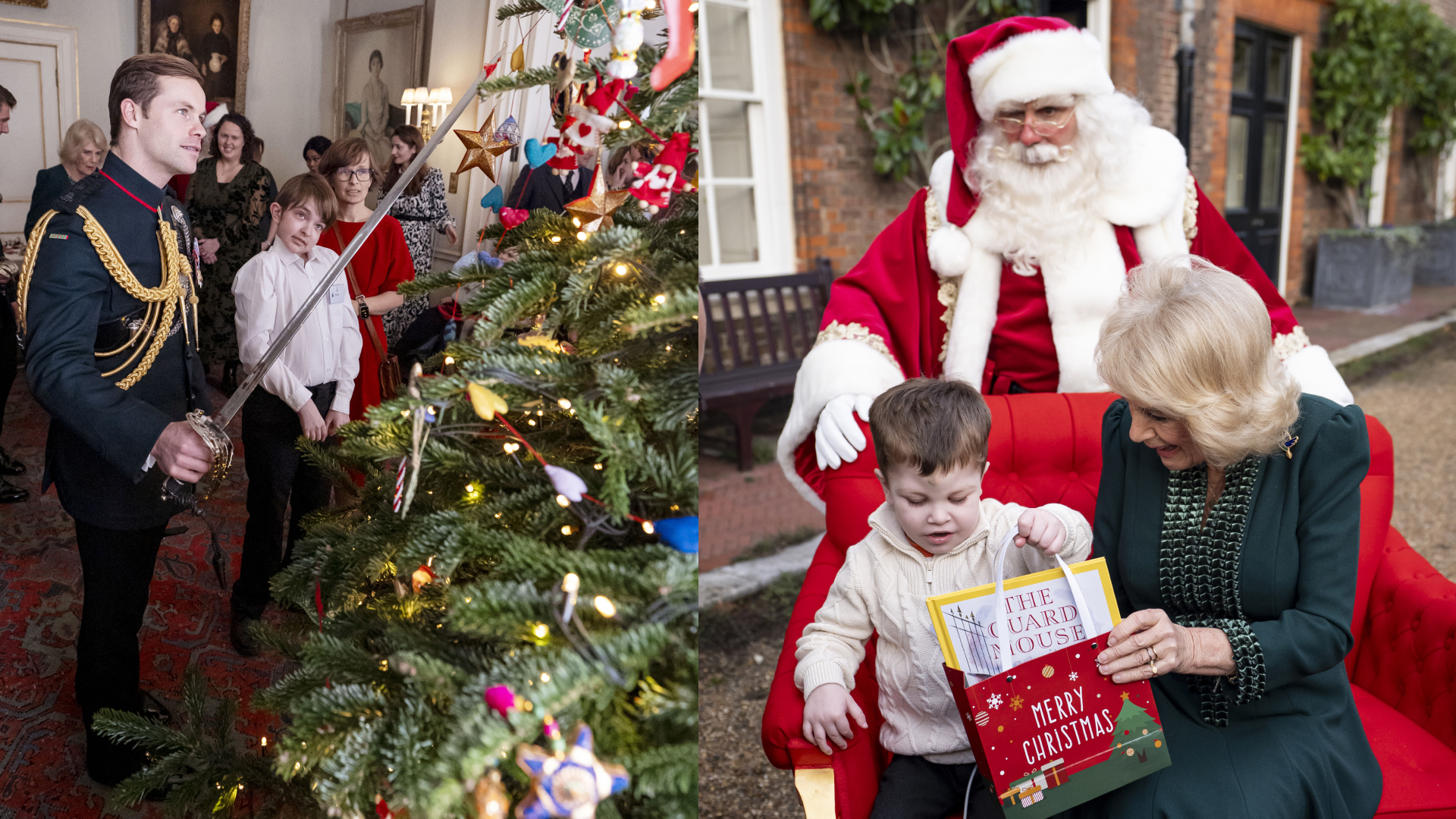 Rob Treasure decorating a Christmas tree with a sword; Queen Camilla showing a boy a gift with Santa behind them