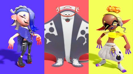 Three Splatoon 3 characters stand in front of a coloured screen