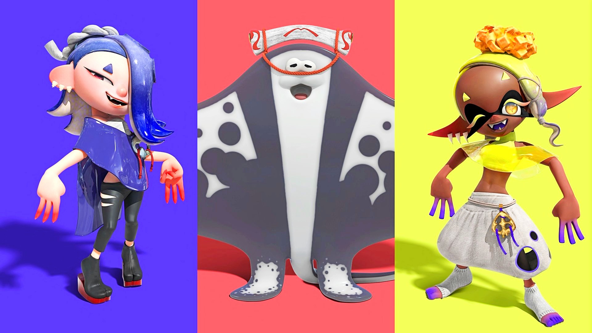 Three Splatoon 3 characters stand in front of a coloured screen