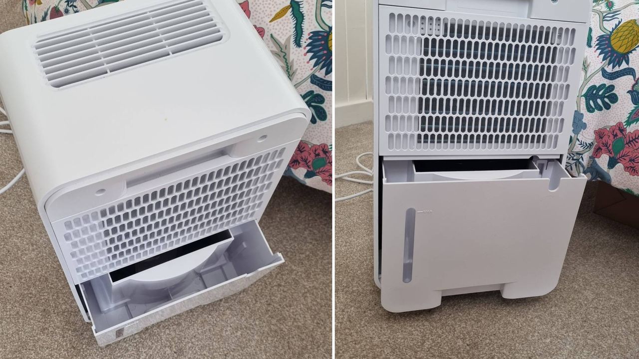 A composite of two photos of the EcoAir DC12 MK3 dehumidifier with its water tank pulled out