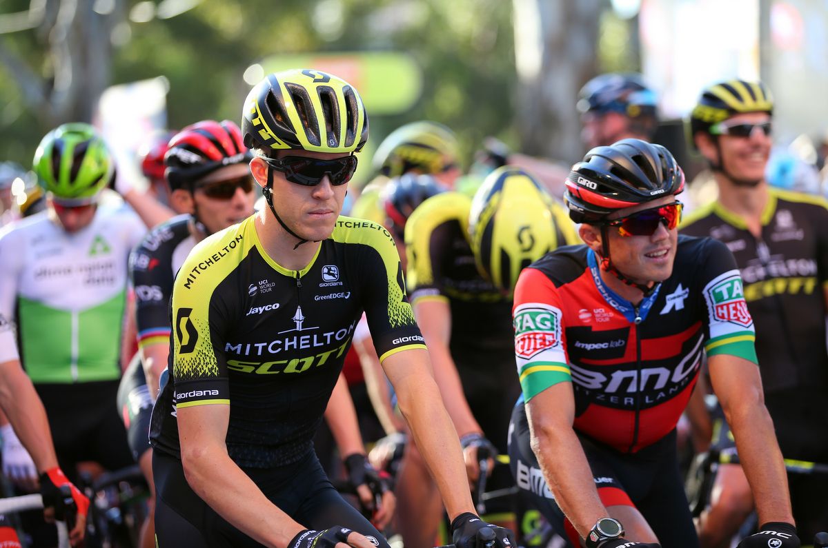 Cameron Meyer (Mitchelton-Scott) with former teammate Simon Gerrans
