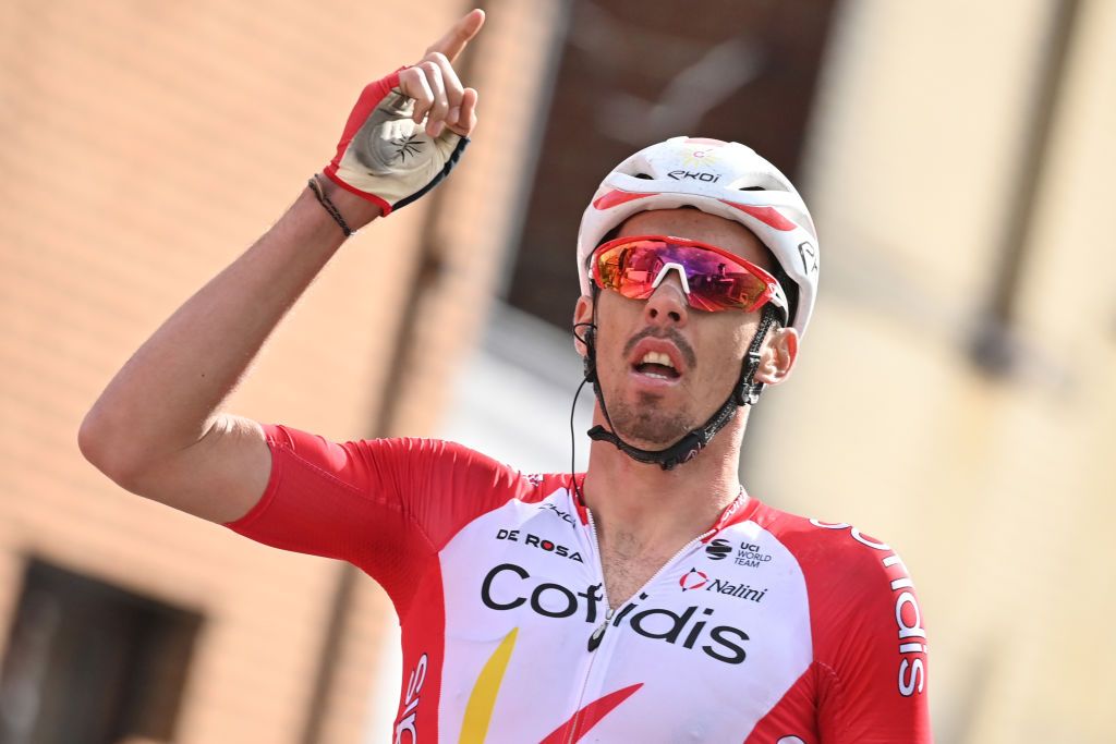 French Christophe Laporte of Cofidis celebrates as he crosses the finish line to win the Circuit de Wallonie one day cycling race 1942 km from Charleroi to Charleroi Thursday 13 May 2021 the third stage out of 9 of the Bingoal cycling cup BELGA PHOTO DAVID STOCKMAN Photo by DAVID STOCKMANBELGA MAGAFP via Getty Images