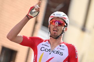 French Christophe Laporte of Cofidis celebrates as he crosses the finish line to win the Circuit de Wallonie one day cycling race 1942 km from Charleroi to Charleroi Thursday 13 May 2021 the third stage out of 9 of the Bingoal cycling cup BELGA PHOTO DAVID STOCKMAN Photo by DAVID STOCKMANBELGA MAGAFP via Getty Images