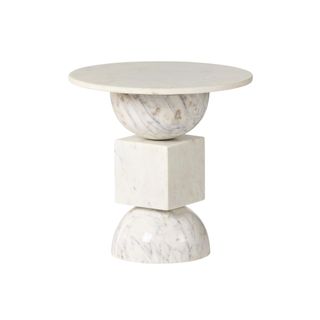 white marble side table with sphere and square pedestal