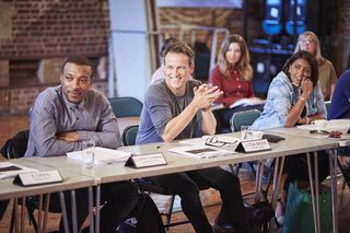 Stephen Moyer sits beside co-stars Ashley Walters and Sunetra Sarker at the series two read through