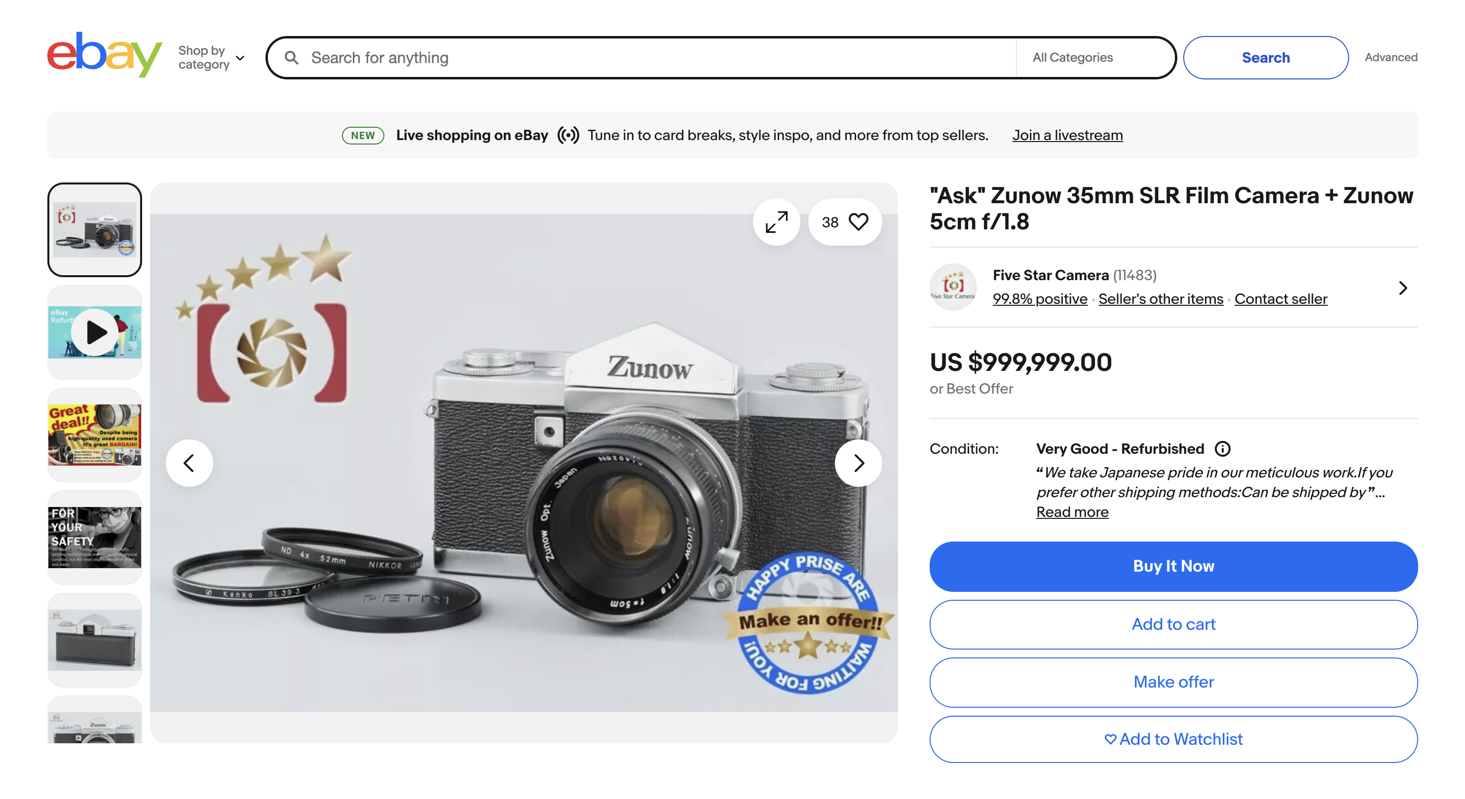 Zunow camera listing on eBay