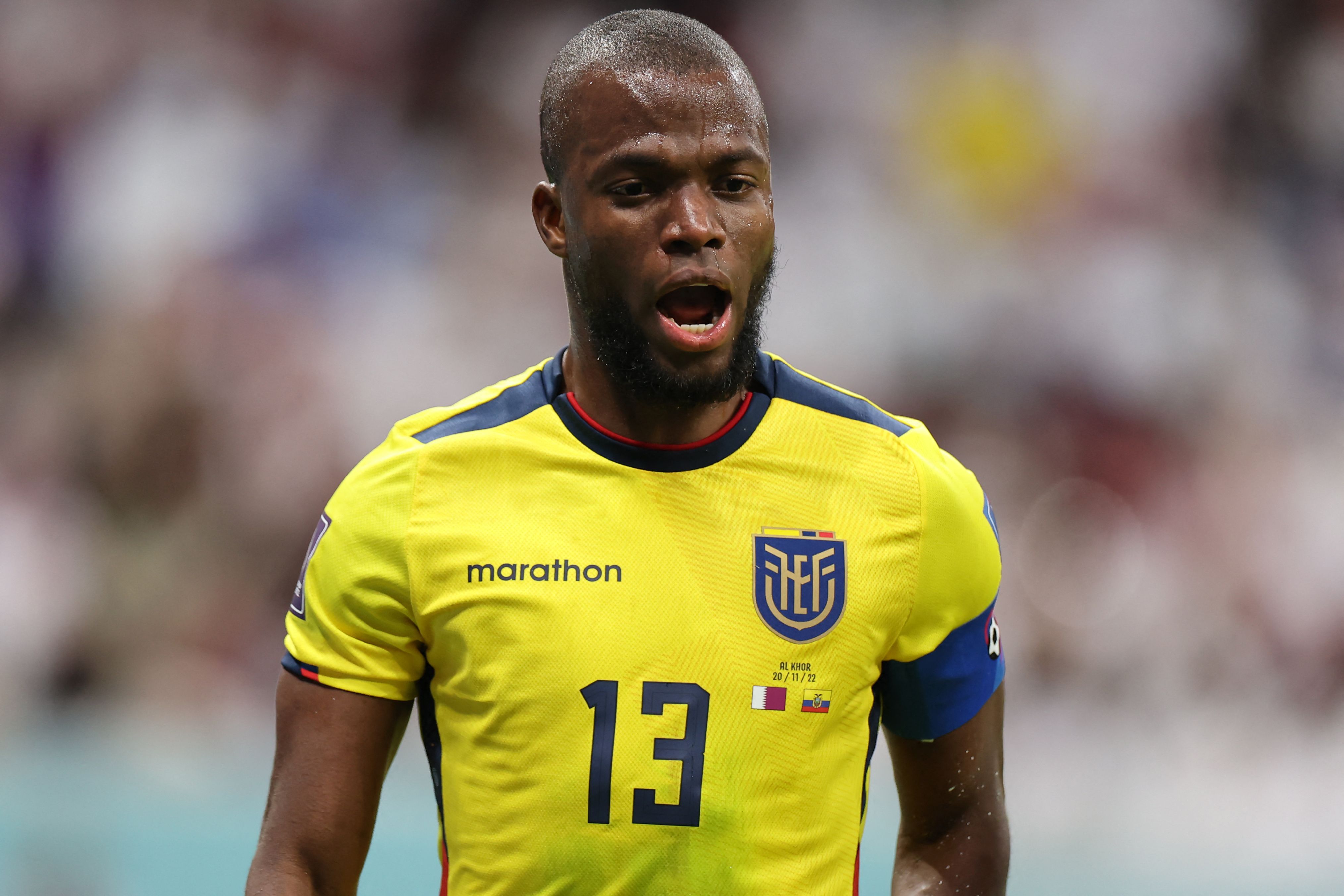 Ecuador's Enner Valencia reacts after scoring a penalty against Qatar in the opening game of the 2022 World Cup.