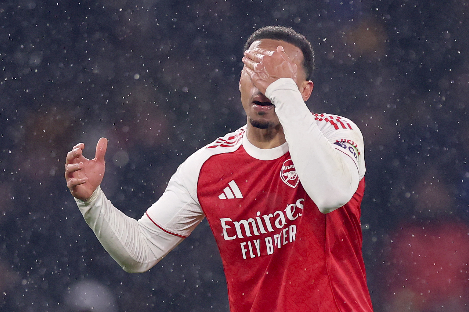 Gabriel of Arsenal looks dejected following the Premier League match between Wolverhampton Wanderers and Arsenal at Molineux on February 18, 2026 in Wolverhampton, England.