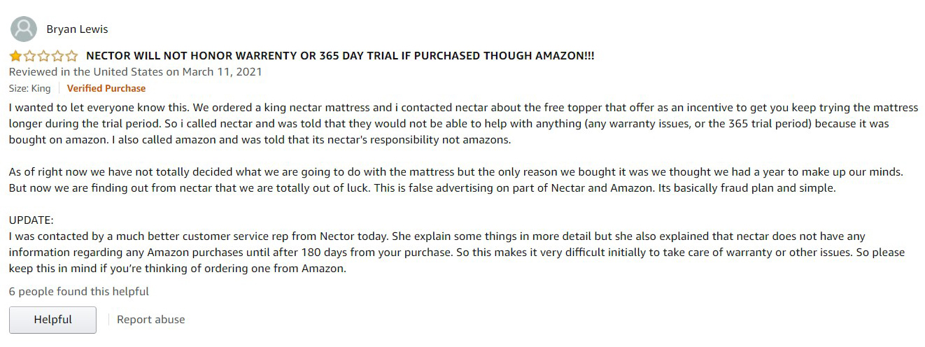 Nectar mattress user complaint at Amazon