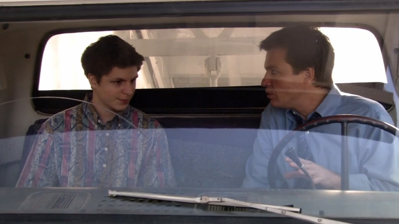 Michael Cera and Jason Bateman sitting in the stairs truck in Arrested Development.