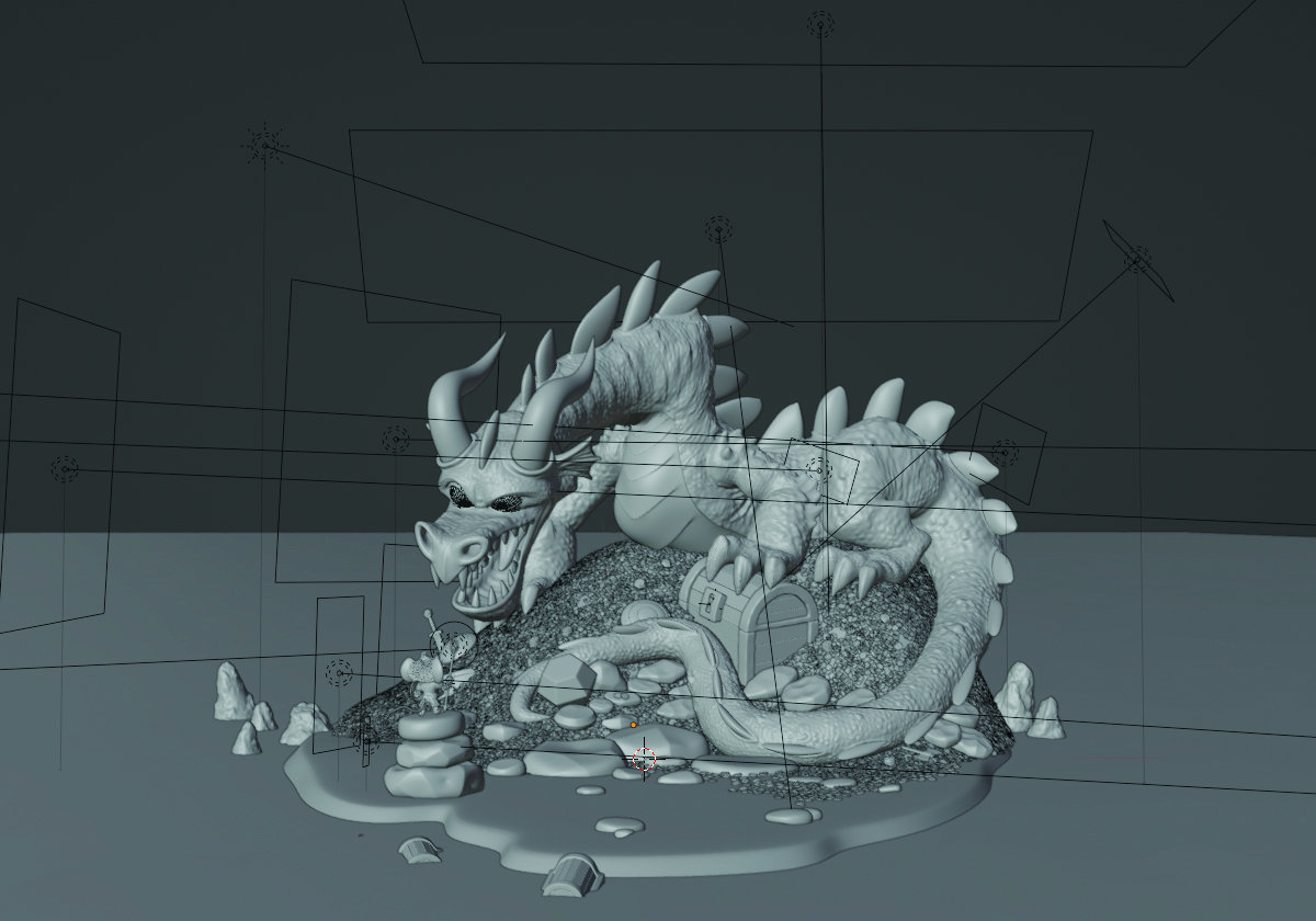 A greyscale model of a dragon and a mouse