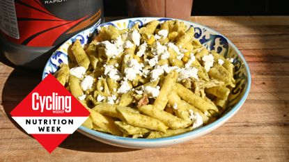 A bowl of pasta for carb loading before a cycling event