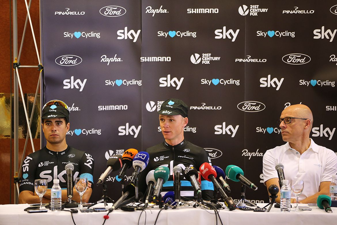 Chris Froome (Sky) addresses the media