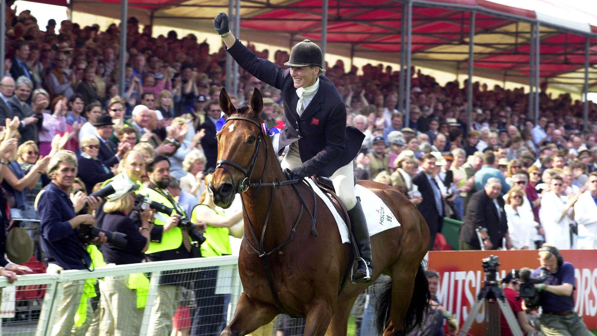 Badminton horse trials King. Mary King with StarAppeal celebrate after finishing the Show Jumping section and winning the Mitsubishi Motors Badminton Horse Trials.