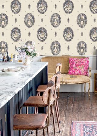 ornate floral wallpaper in a traditional kitchen