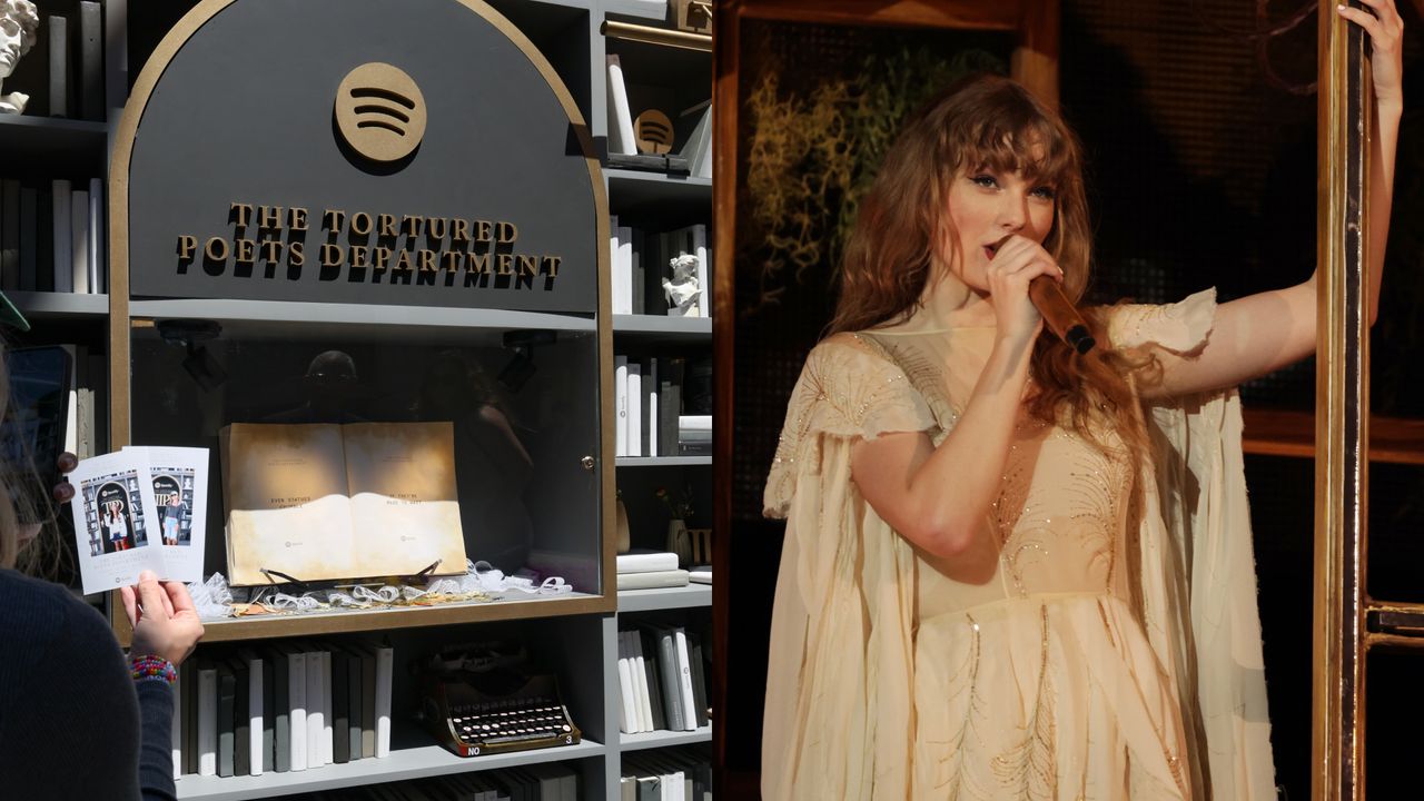 Attendees take pictures at Spotify&#039;s Taylor Swift pop-up at The Grove for her new album &quot;The Tortured Poets Department&quot; at The Grove on April 16, 2024 in Los Angeles, California. 