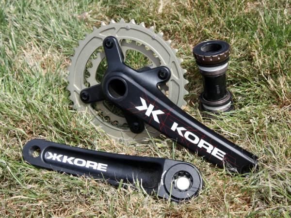KORE's new Durox 2x10 crankset features forged 7075 aluminum arms plus a bottom bracket and chainrings made by Praxis Works.