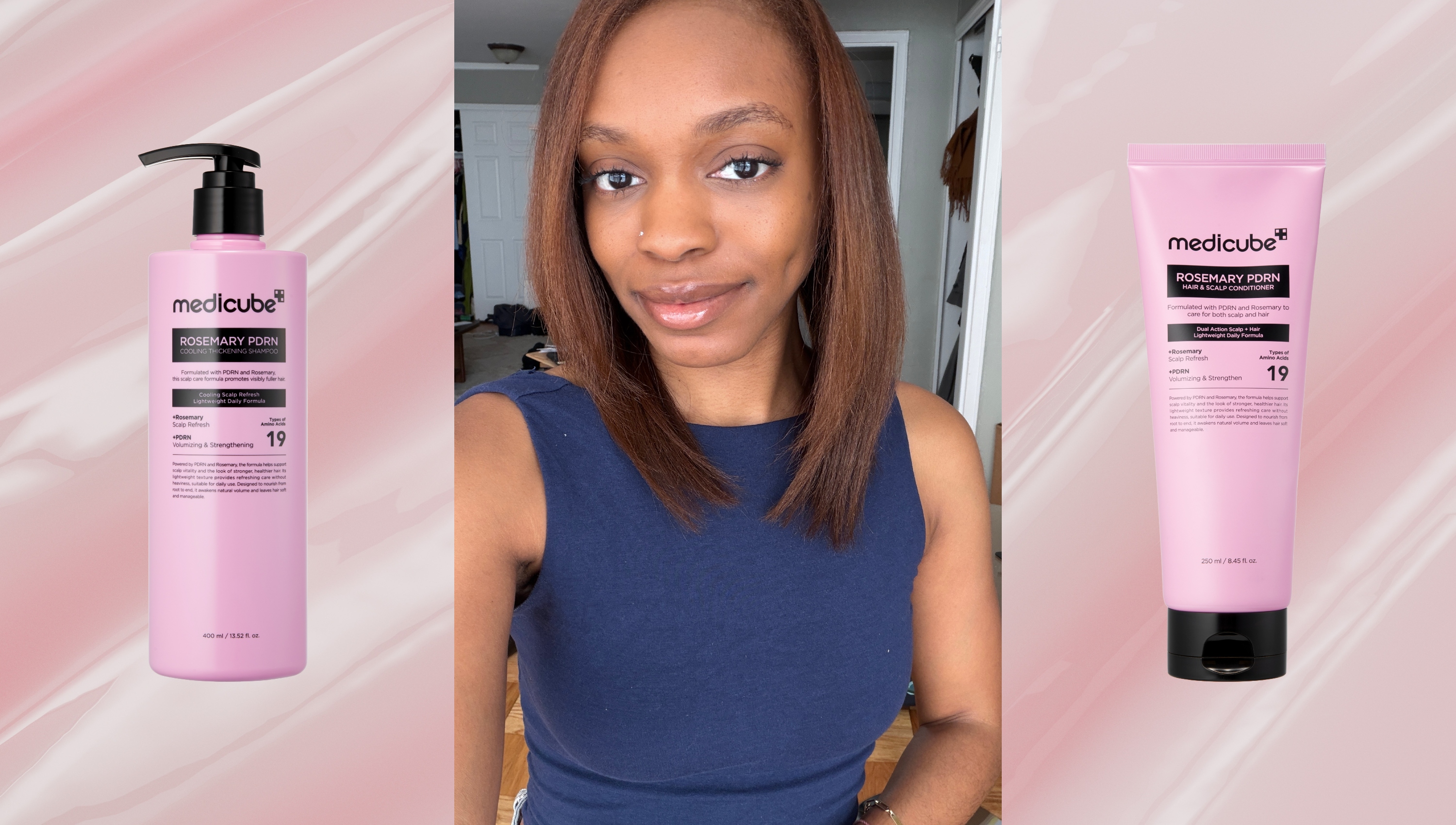 medicube shampoo and conditioner on a pink background next to a woman with a light brown bob