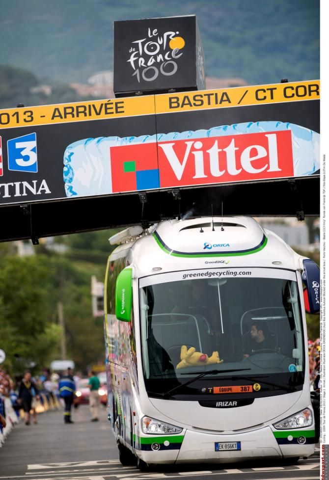 The Orica-GreenEdge bus made international headlines after getting stuck under the finish line gantry