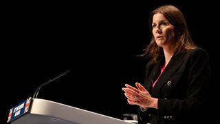 Secretary of state for DCMS, Michelle Donelan, giving a speech at a podium whilst at the Conservative Party Conference 2022